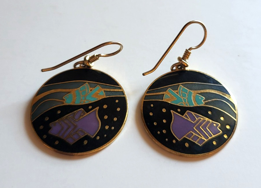 Laurel Burch "Tropical Fish" Purple Gold Black Enamel French Hook Earrings K895